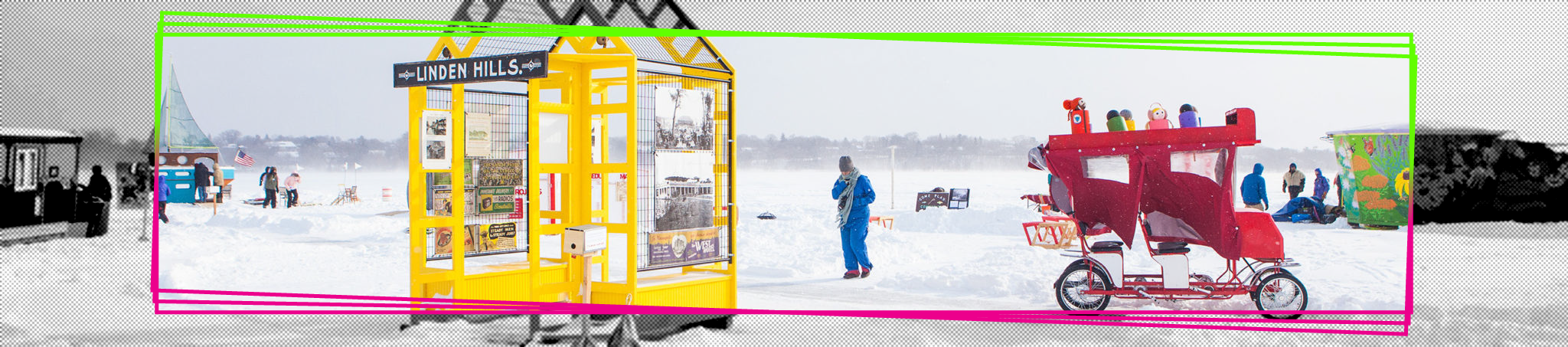 A visitor walks towards a yellow structure on a frozen lake