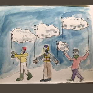 An illustration of people carrying cloud flags
