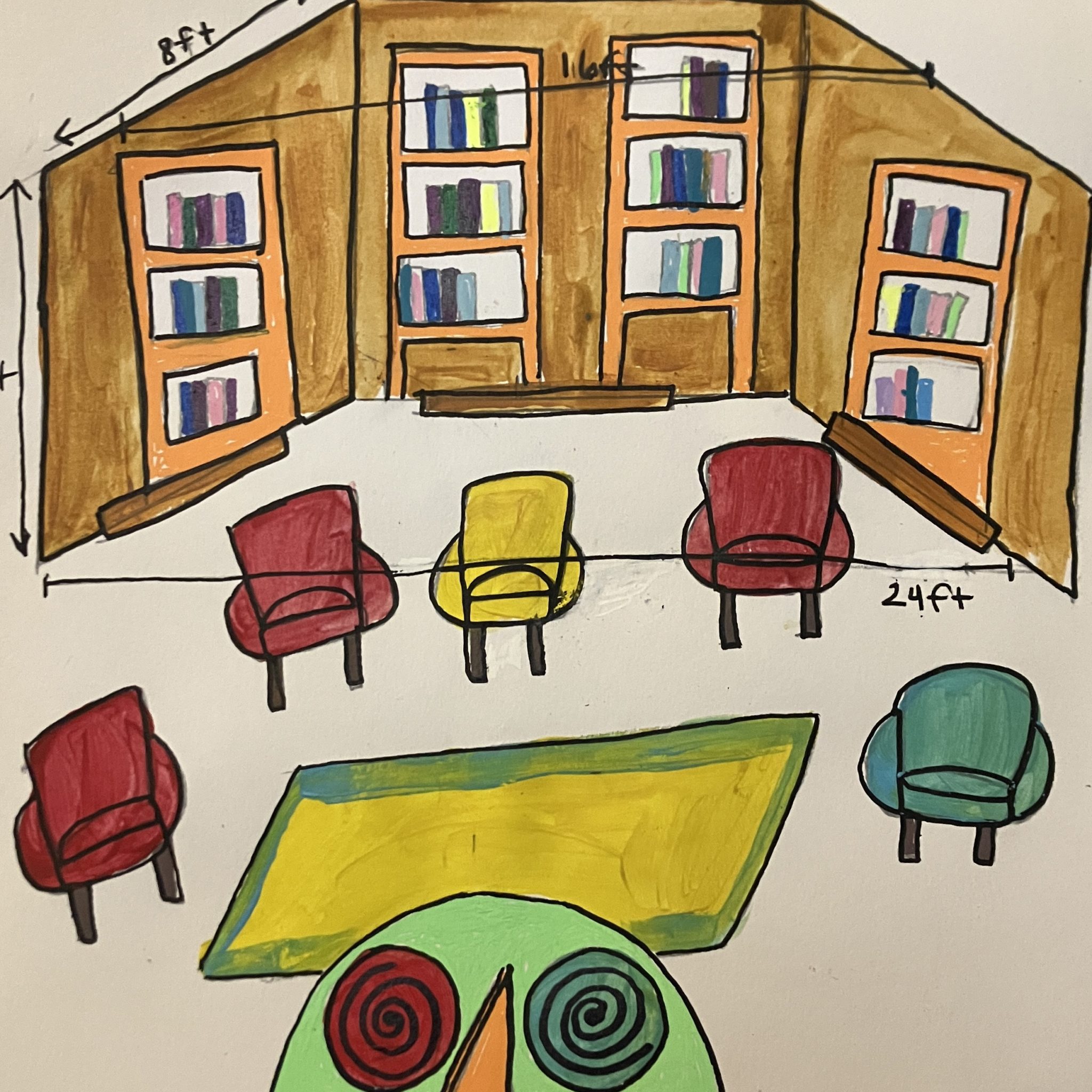 A hand drawn rendering of a library shanty full of books and a cozy area with chairs to sit on