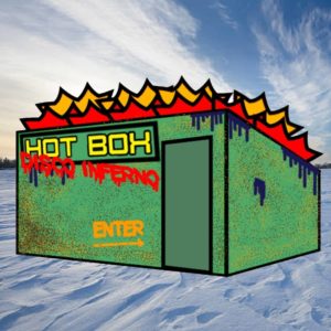 An adorable rendering of a green dumpster shanty with red and yellow flames coming out of the top