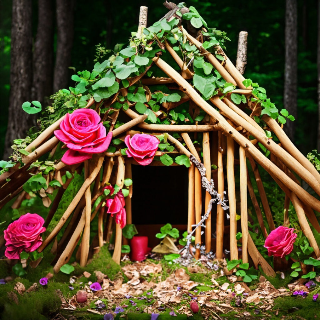 a rustic house made of wood beams and pink flowers
