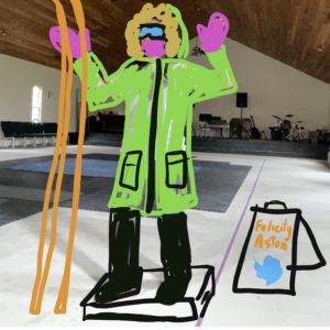 A digital illustration of a person in a parka with skis