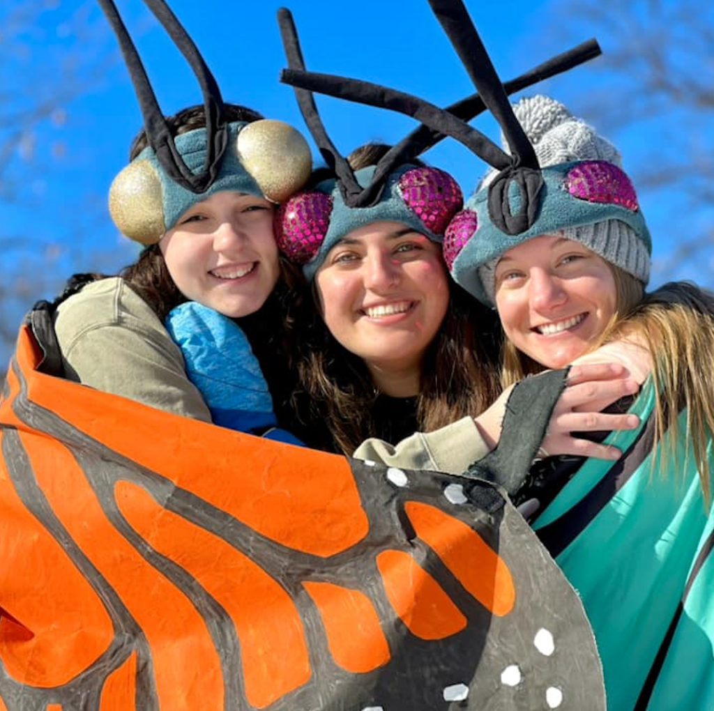 Three adults wearing bug antenna hats wrap up in giant painted butterfly wings as they pose for a portrait