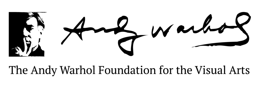 a logo for the Andy Warhol Foundation for the Visual Arts which has his picture and signature