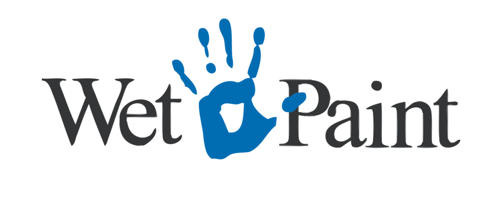 a logo for wet paint with black letters and a blue handprint