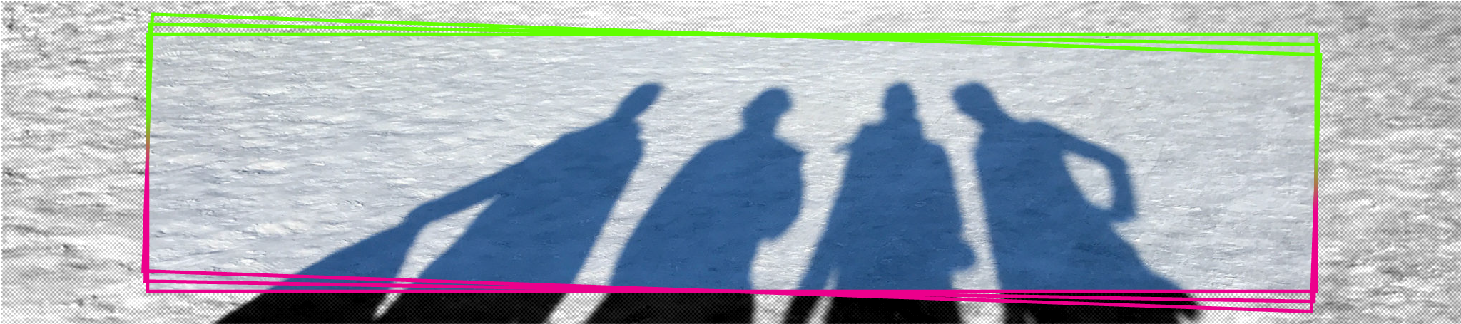 the shadows of 4 people on the snow