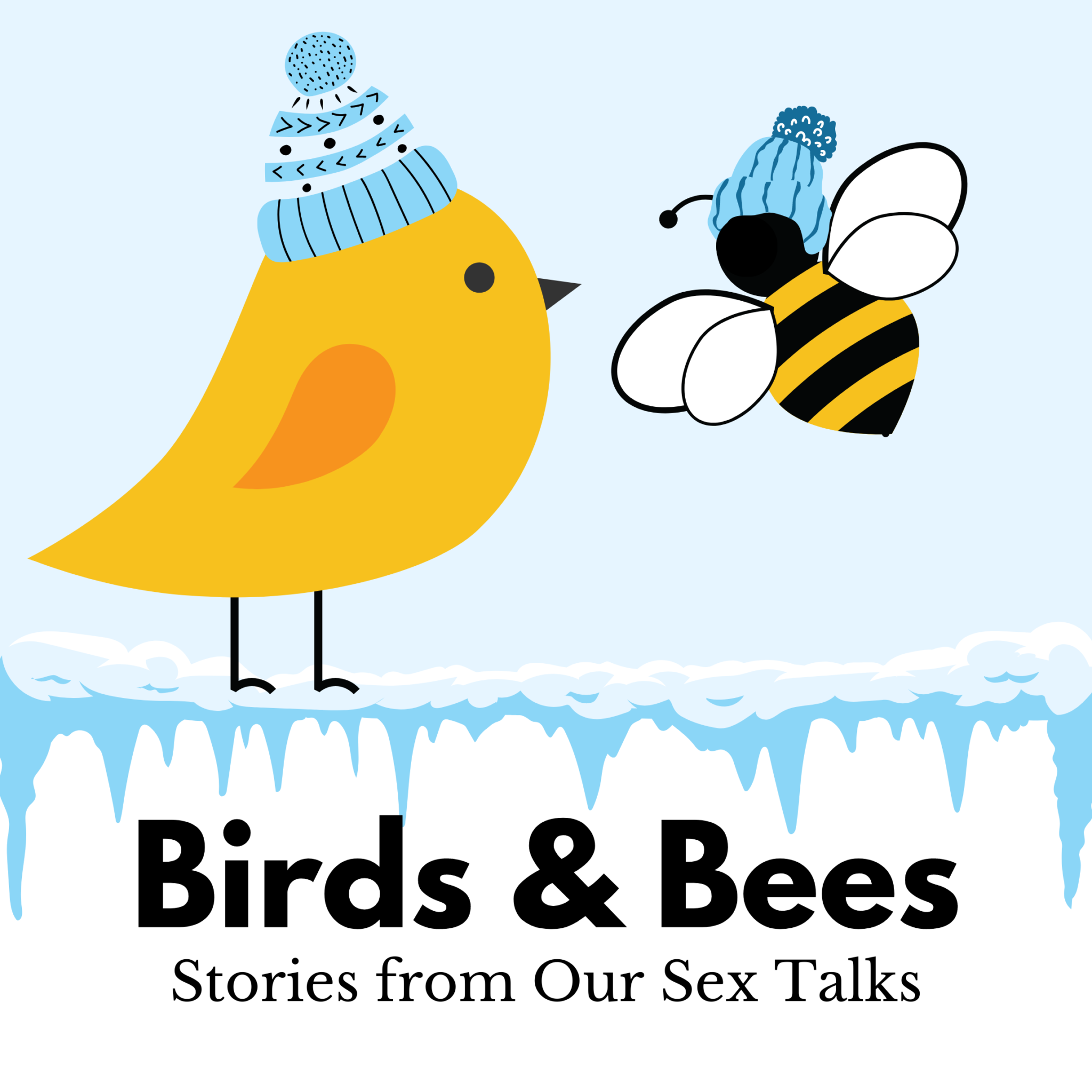 a graphic of a bird and a bee wearing winter hats