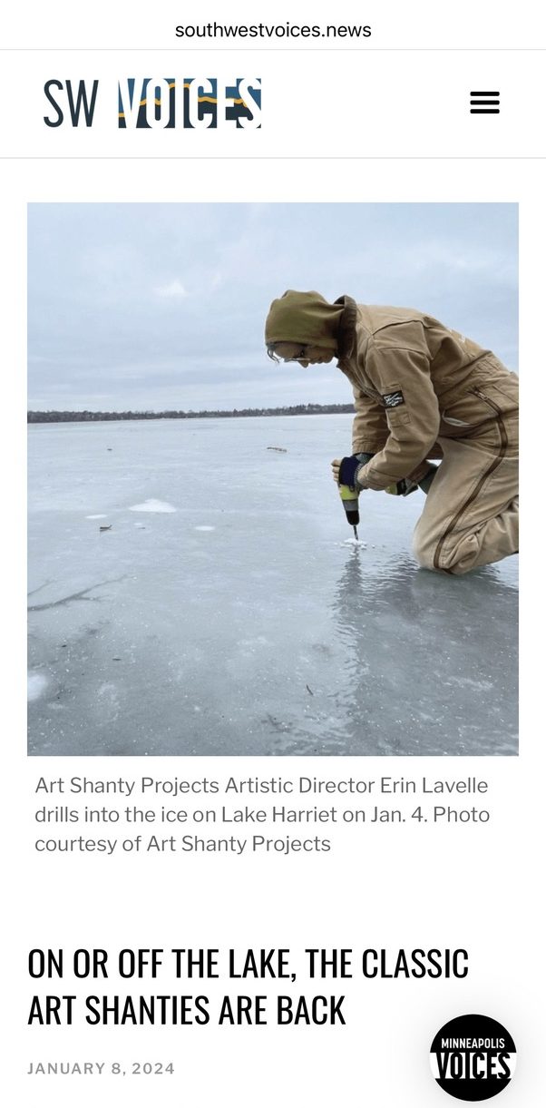 A screenshot of an article about Art Shanty Projects from Southwest Voices