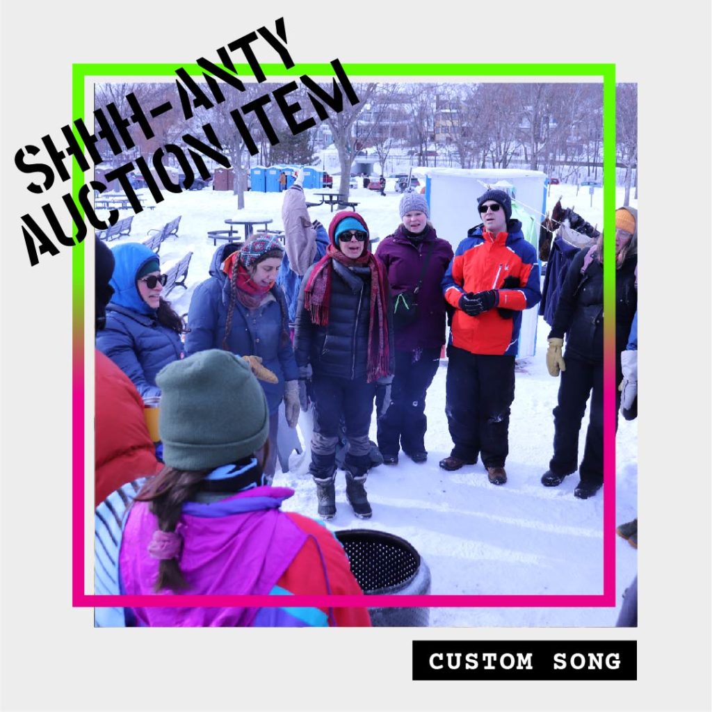 a group of people sing in a circle in the winter shanty village