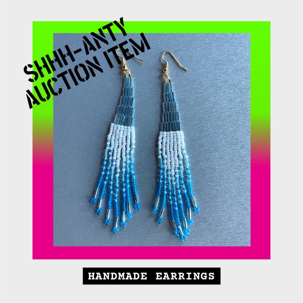 a pair of icy blue and white beaded earrings