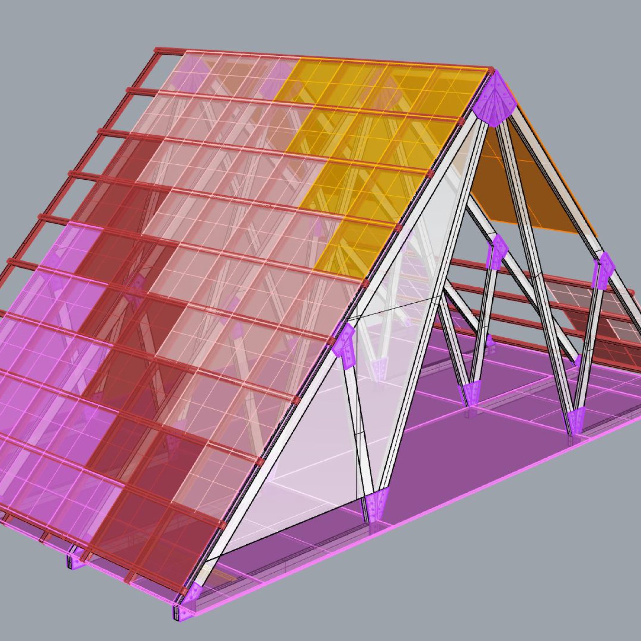 A digital rendering of an A-frame shanty in pink, red and orange hues