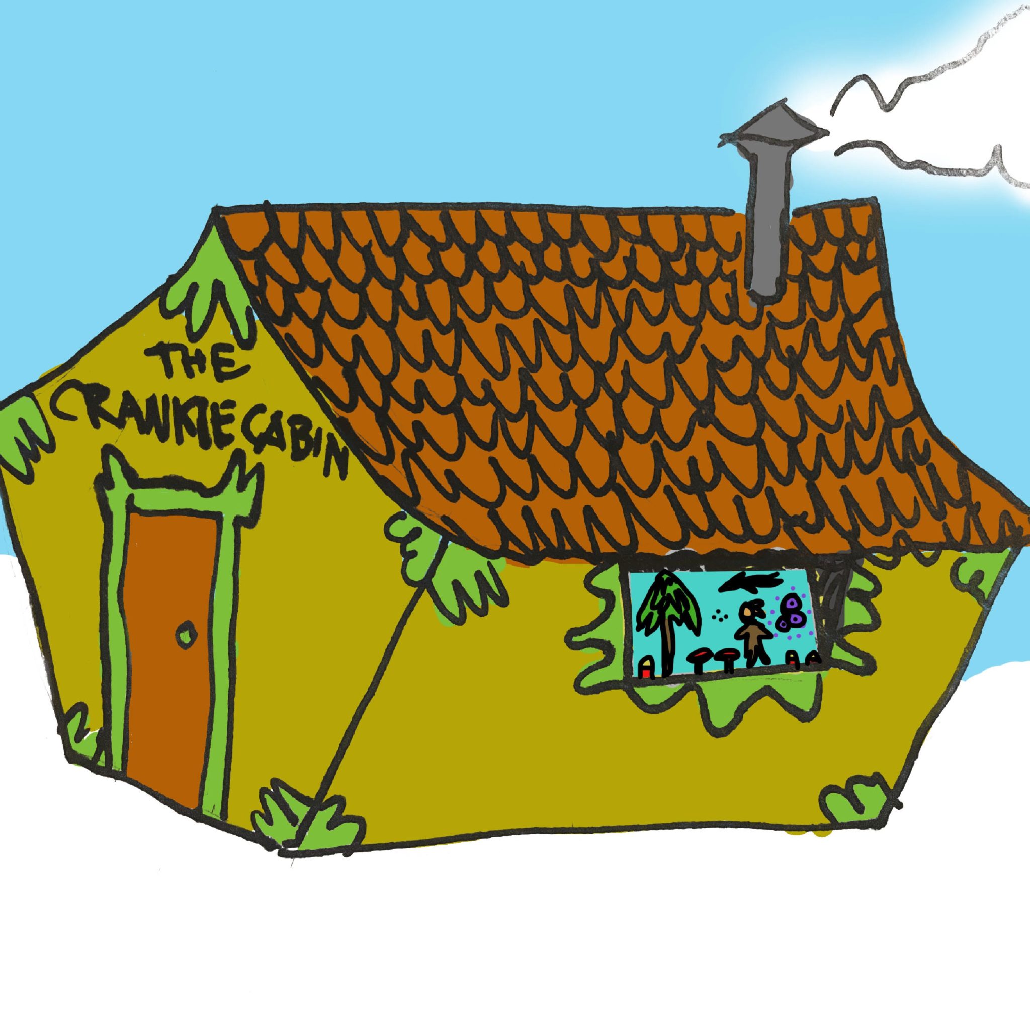 A digital drawing of an earthtone cabin with smoke coming out of a chimney