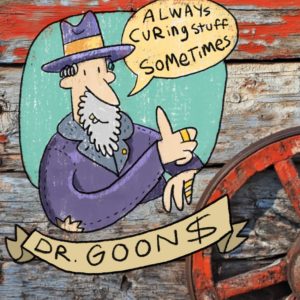 An illustration of a person with a beard and purple suit. Words in a speech bubble read 'always curing stuff sometimes'