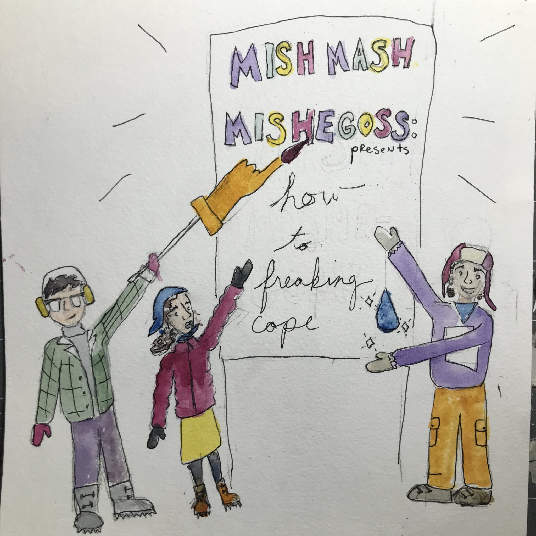 a drawing of three people pointing to a sign reading 'mishmash mishegoss'