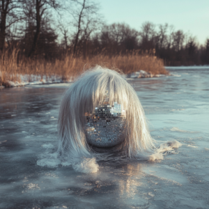 A playful image of a disco ball wearing a wig on a frozen lake.