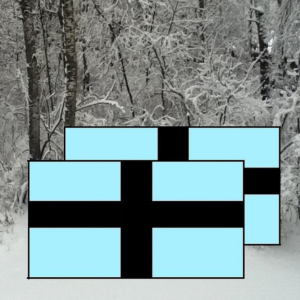 a rendering of two flag-shaped panels with black horizontal crosses against a snowy wooded backdrop.