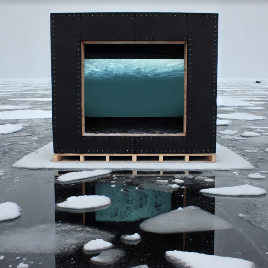 A rendering of a black shanty on a frozen lake with a projection of the underwater landscape inside