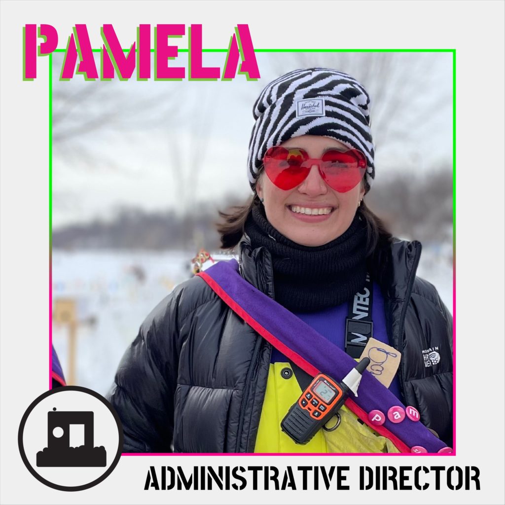 A portrait of a smiling person wearing heart shaped sunglasses. Stenciled font reads 'PAMELA" and "Administrative Director"