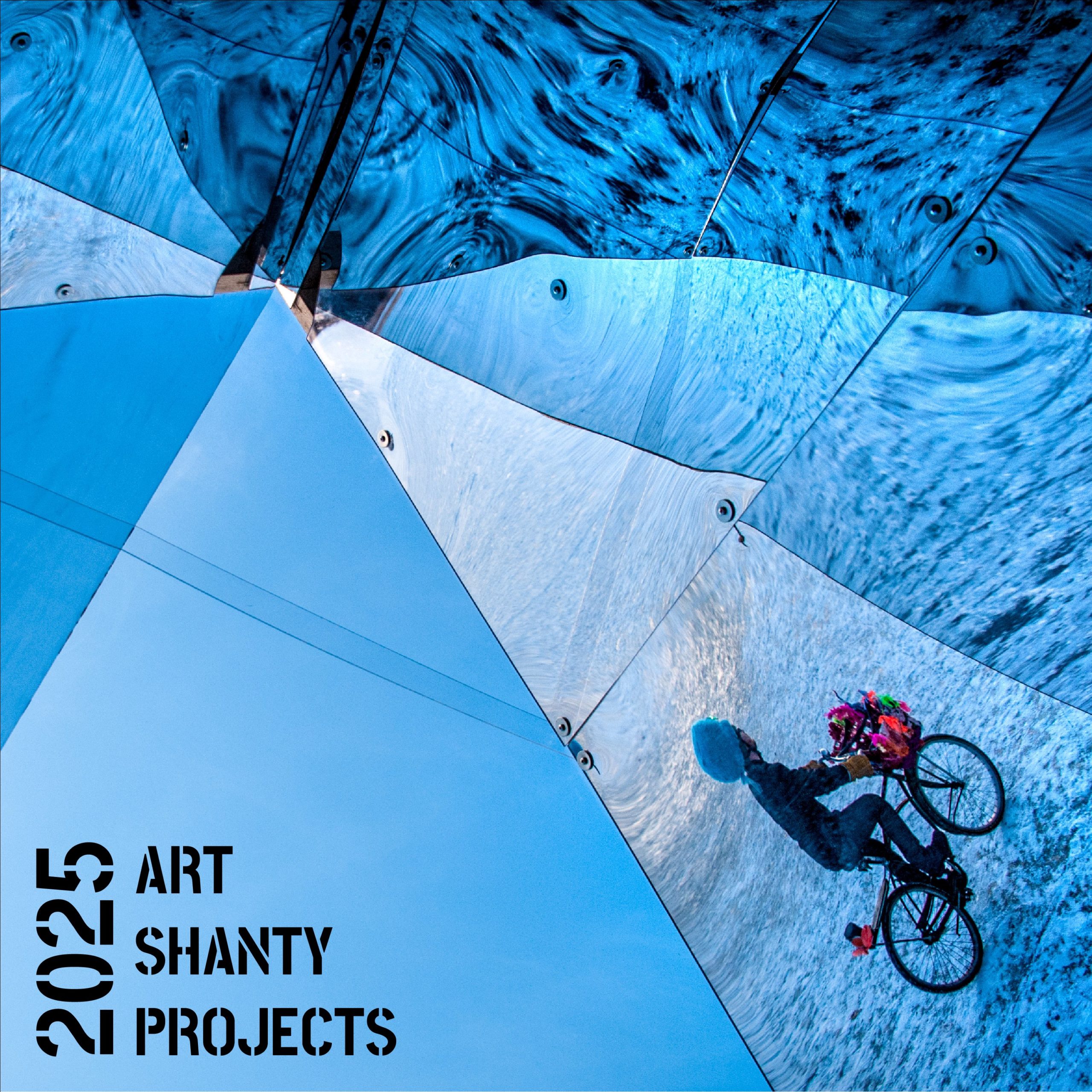 a photo of a person riding an art bike on a frozen lake. the blue landscape is reflected and obscured in a series of triangular panels. stenciled font reads '2025 art shanty projects'