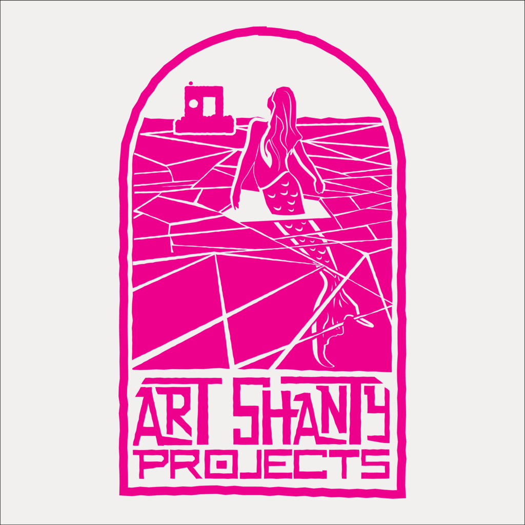 a magenta graphic design of a merperson looking longingly at a shanty in the distance