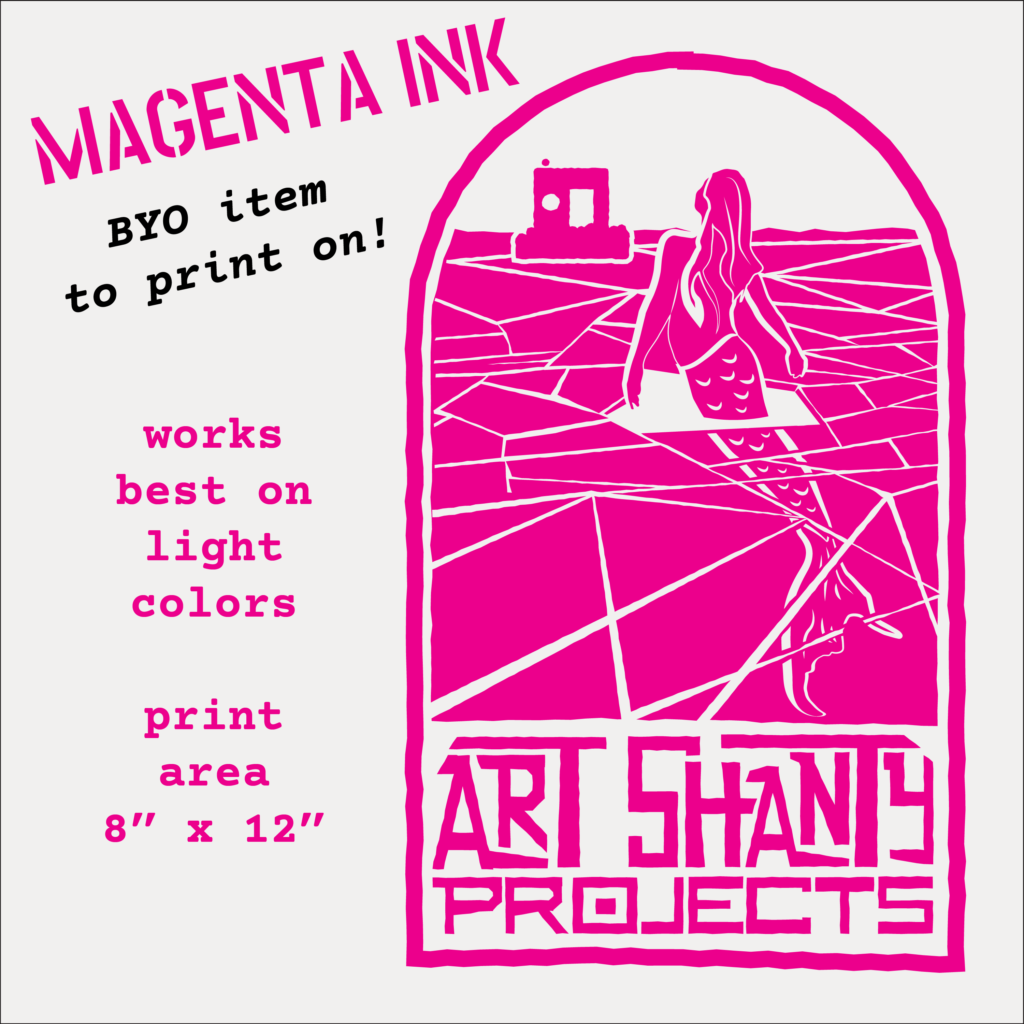 a magenta design of a merperson breaking through the ice and looking at the shanty in teh distance