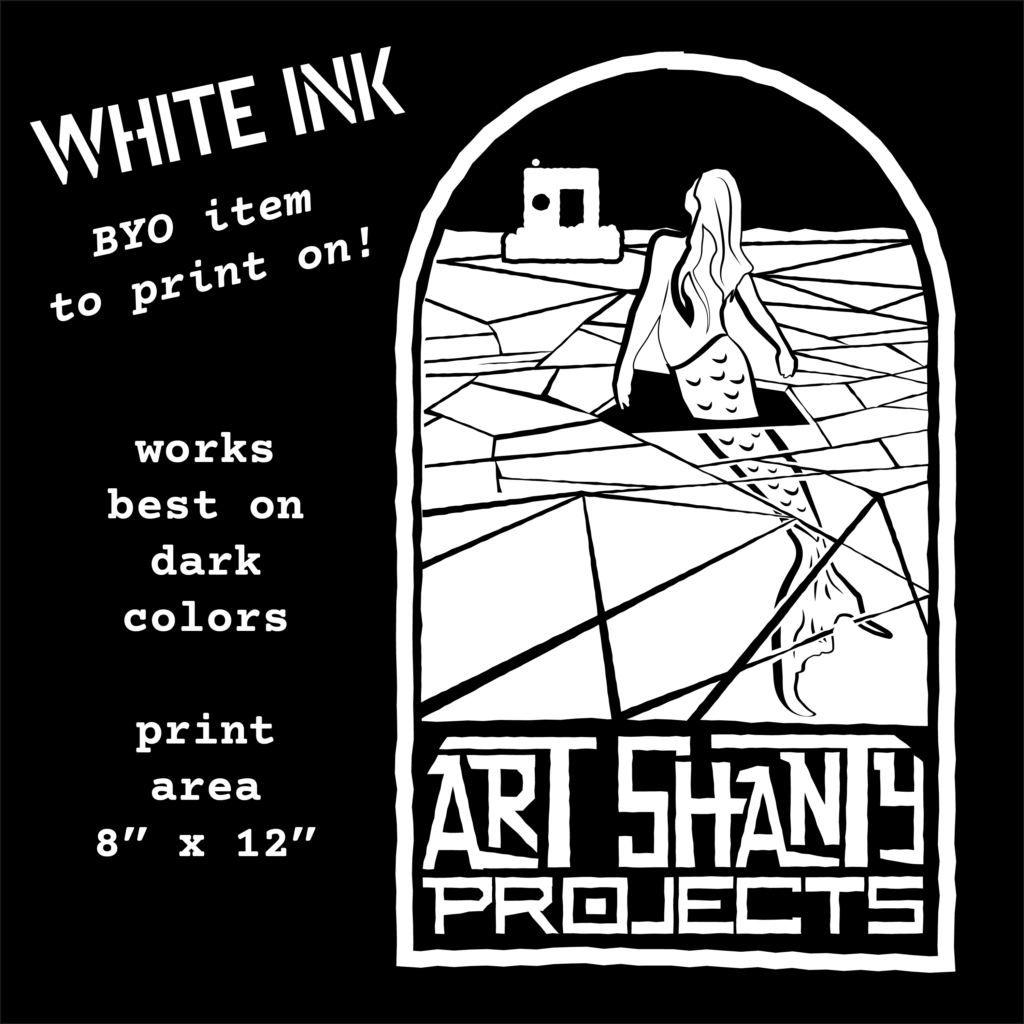 a white design of a merperson breaking through the ice and looking at the shanty in teh distance