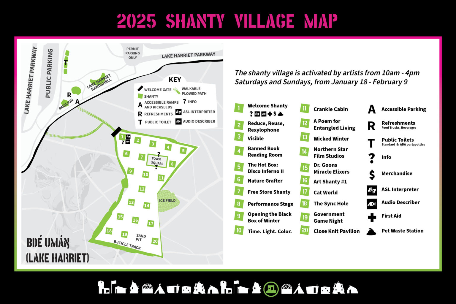 a lime green and gray map of the shanty village, which is shaped like an hourglass