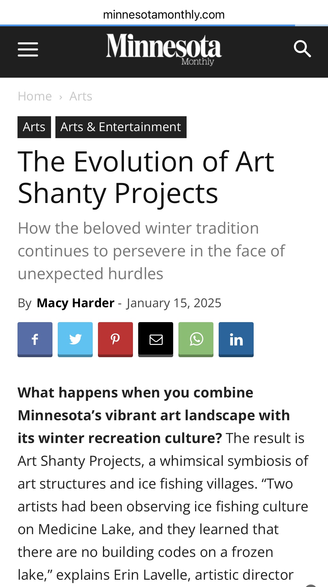 a screengrab of an online magazine article about the evolution of Art Shanty Projects