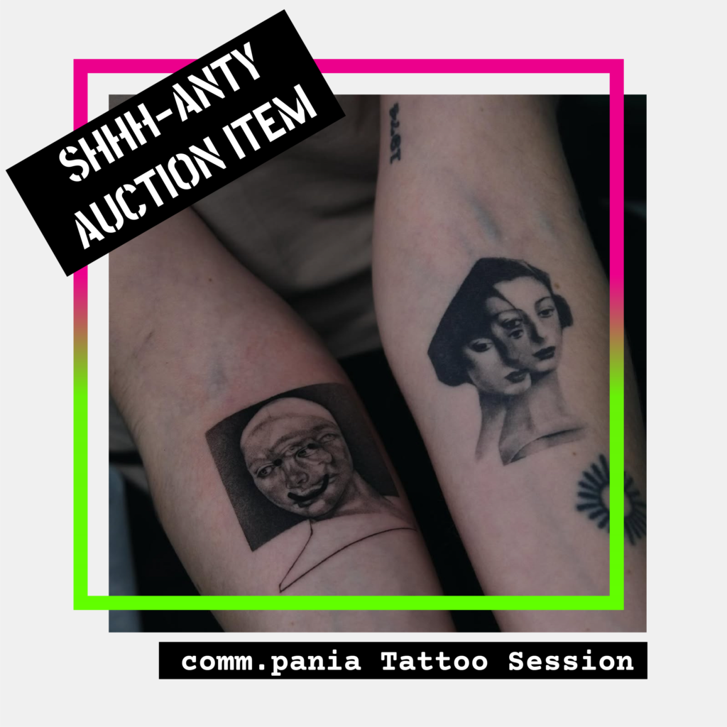 a photo of someone's forearms with fine detailed surrealist portrait tattoos