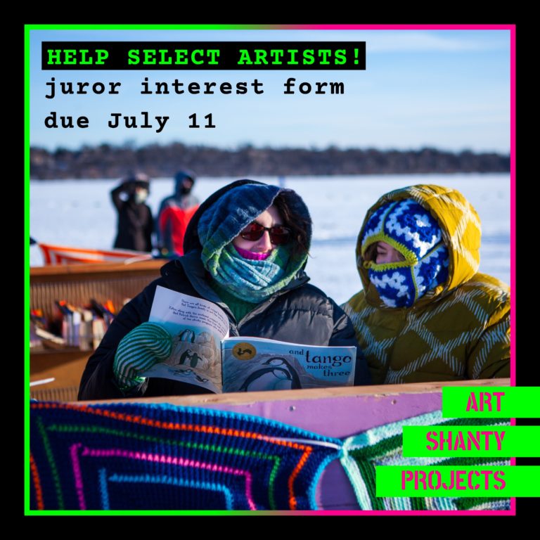 colorfully bundled up people read a book in the shanty village. overlaid text advertises the jury interest form deadline of july 11