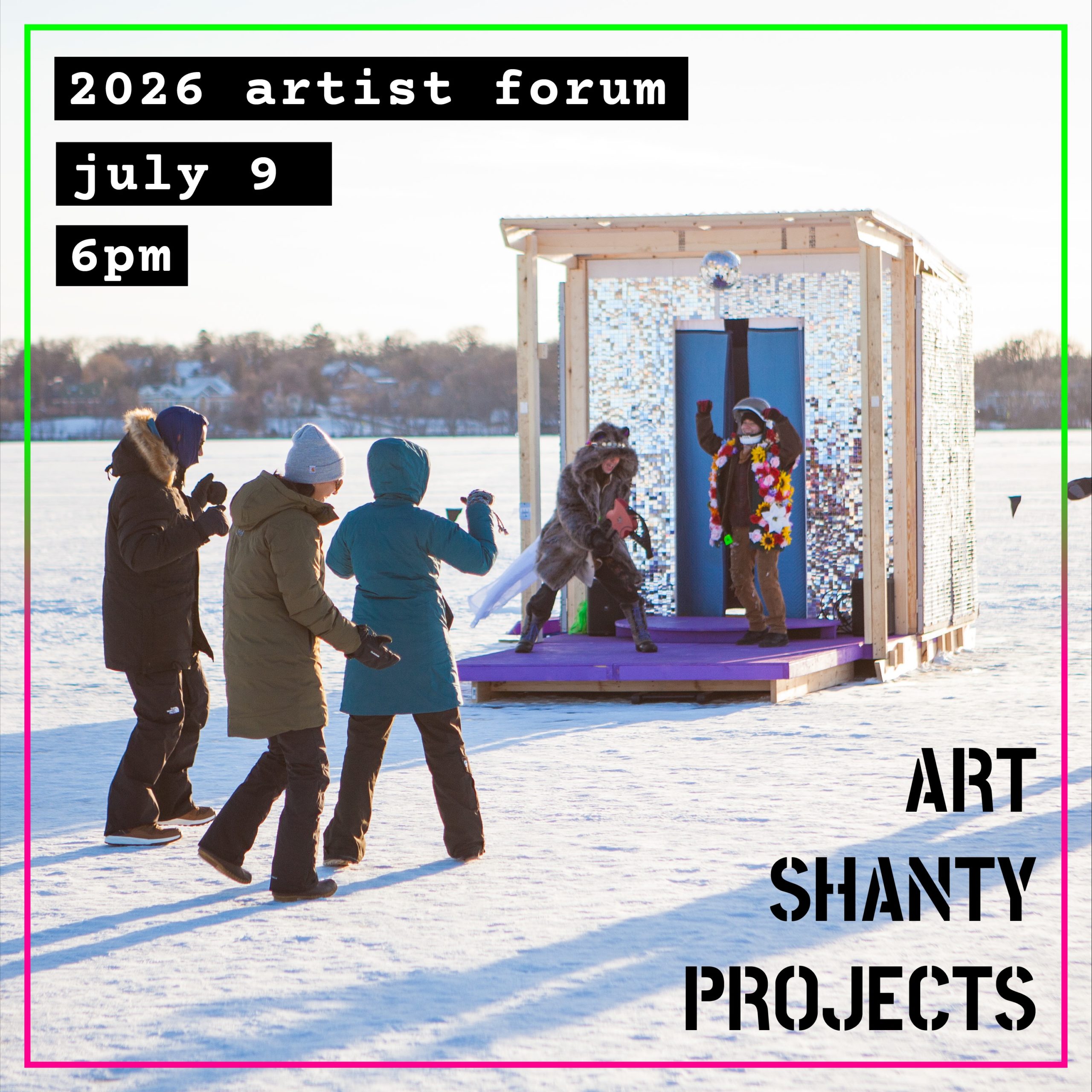 an image of people dancing both onstage and off at a shiny shanty. overlaid text advertises an artist forum on july 9