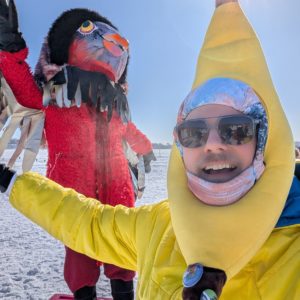 Neal Sorensen wearing a banana shaped hat.