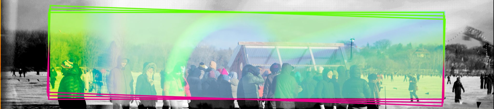A shanty and a crowd are seen blurred in the background through a neon yellow piece of acrylic with a round peephole in the center