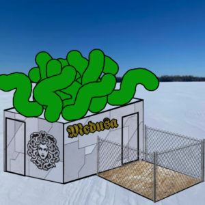 A drawing of a cube shaped shanty with green tentacles coming off the top and a chainlink fence yard. A medusa medallion-like portrait is on the side of the shanty alongside the word 'medusa'