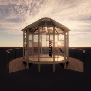 A rendering of a round transparent shanty with a curved ramp around the sides