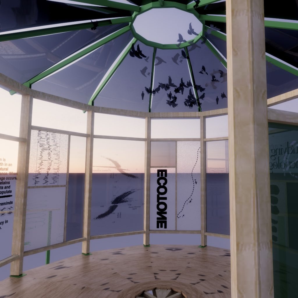 The interior of a round shanty with transparent walls and a grey roof