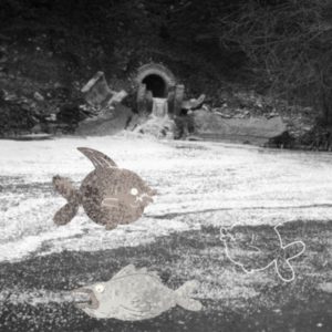 Drawings of fish imposed on a black and white image of an urban section of the Mississippi River