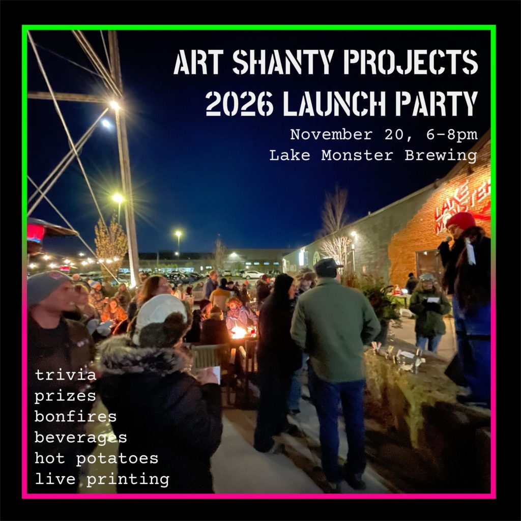a nighttime photo of a crowd of people outside on a patio with bonfires. Overlaid text advertises a party