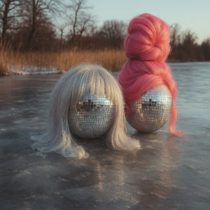 A playful image of two disco balls wearing a wigs on a frozen lake. One is blond the other a pink updo.
