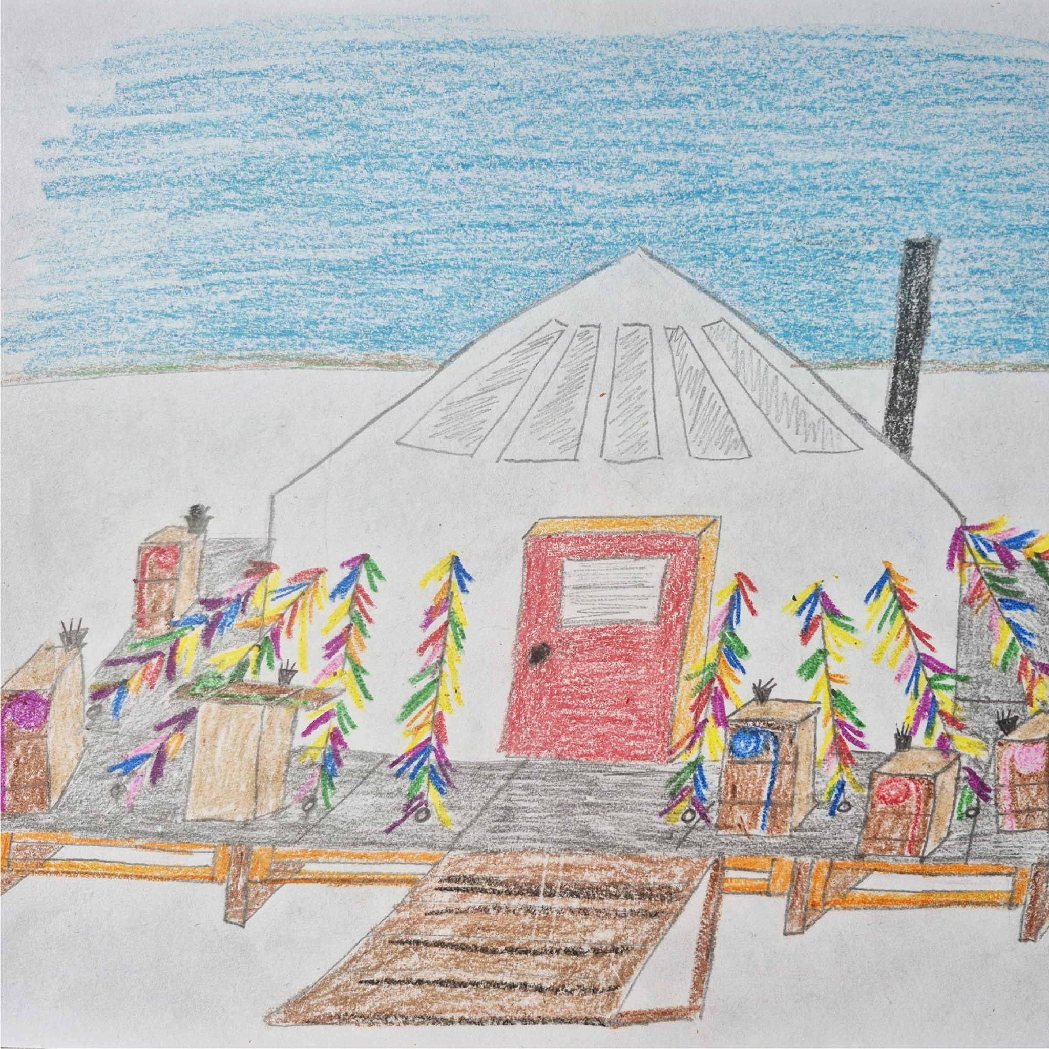 A drawing of a white canvas tent shanty with a stovepipe and colorful pennant flag banners