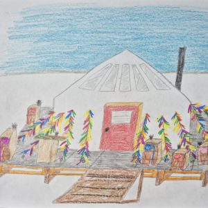 A drawing of a white canvas tent shanty with a stovepipe and colorful pennant flag banners