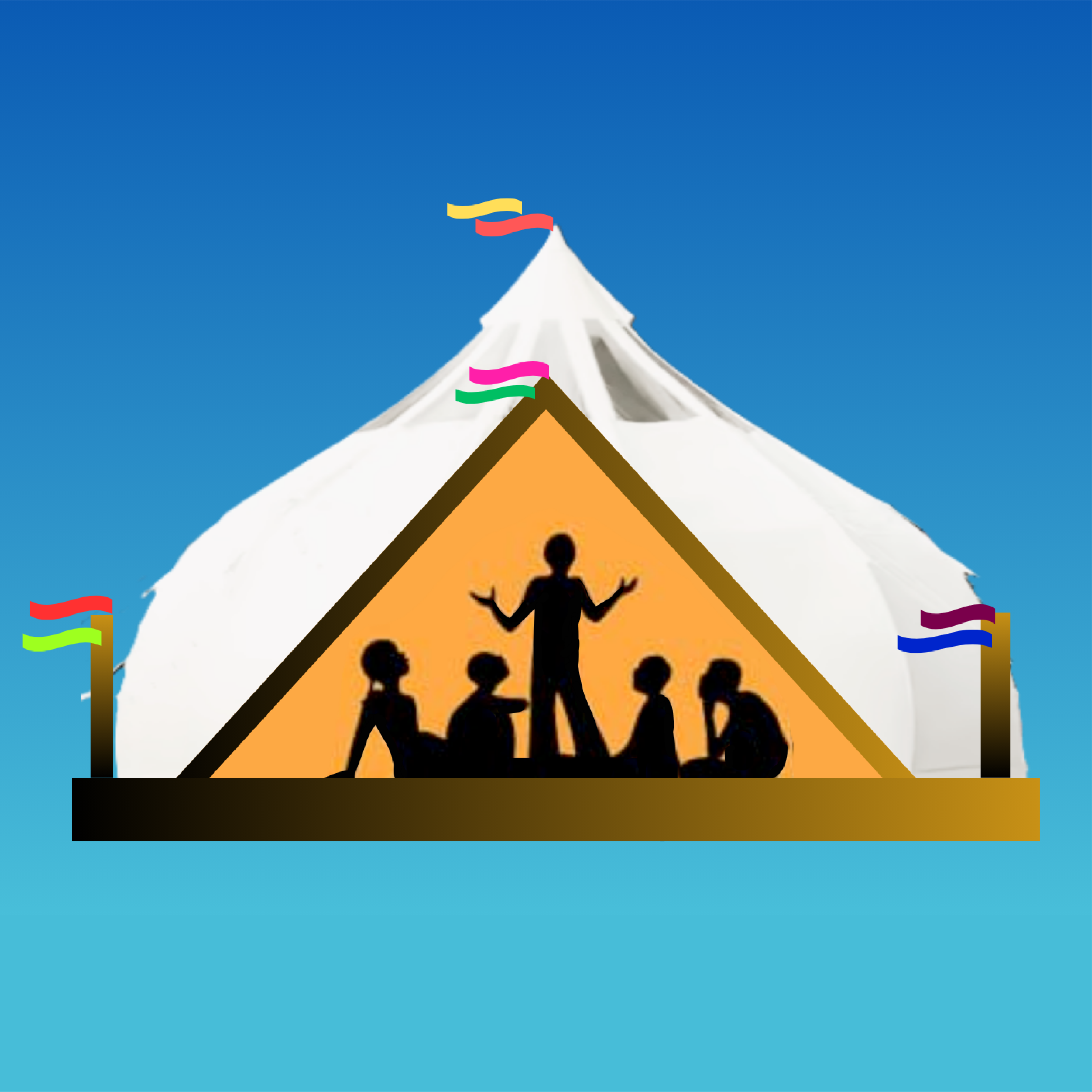 a digital illustration of a white winter camping tent against a gradient blue sky, with silhouettes of people inside.