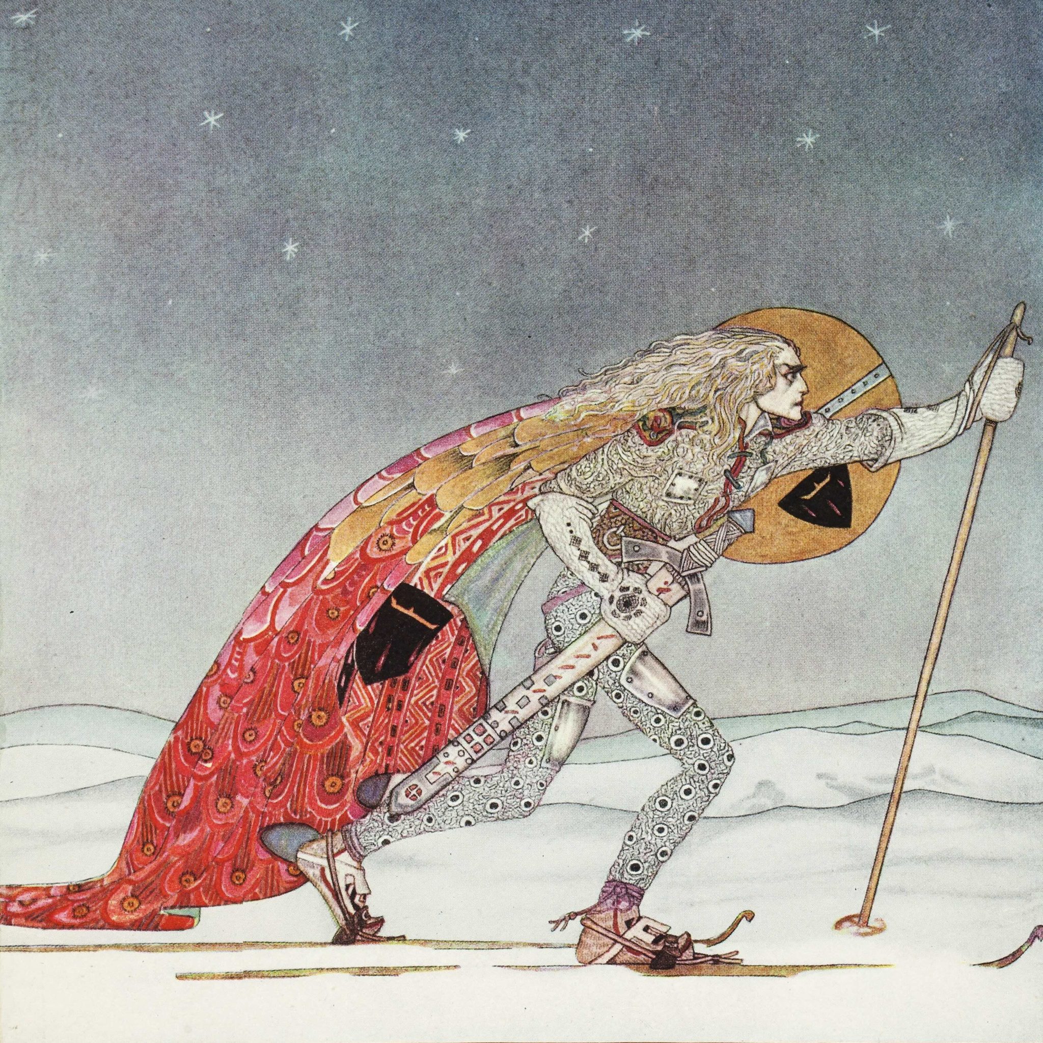 A mythical illustration of a figure wearing a flowing cape while cross country skiing against a snowy, starry background