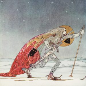 A mythical illustration of a figure wearing a flowing cape while cross country skiing against a snowy, starry background