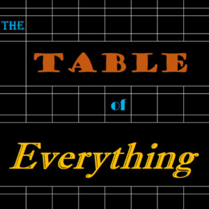 a spreadsheet on a black background and lettering in various fonts that reads 'the Table of Everything'