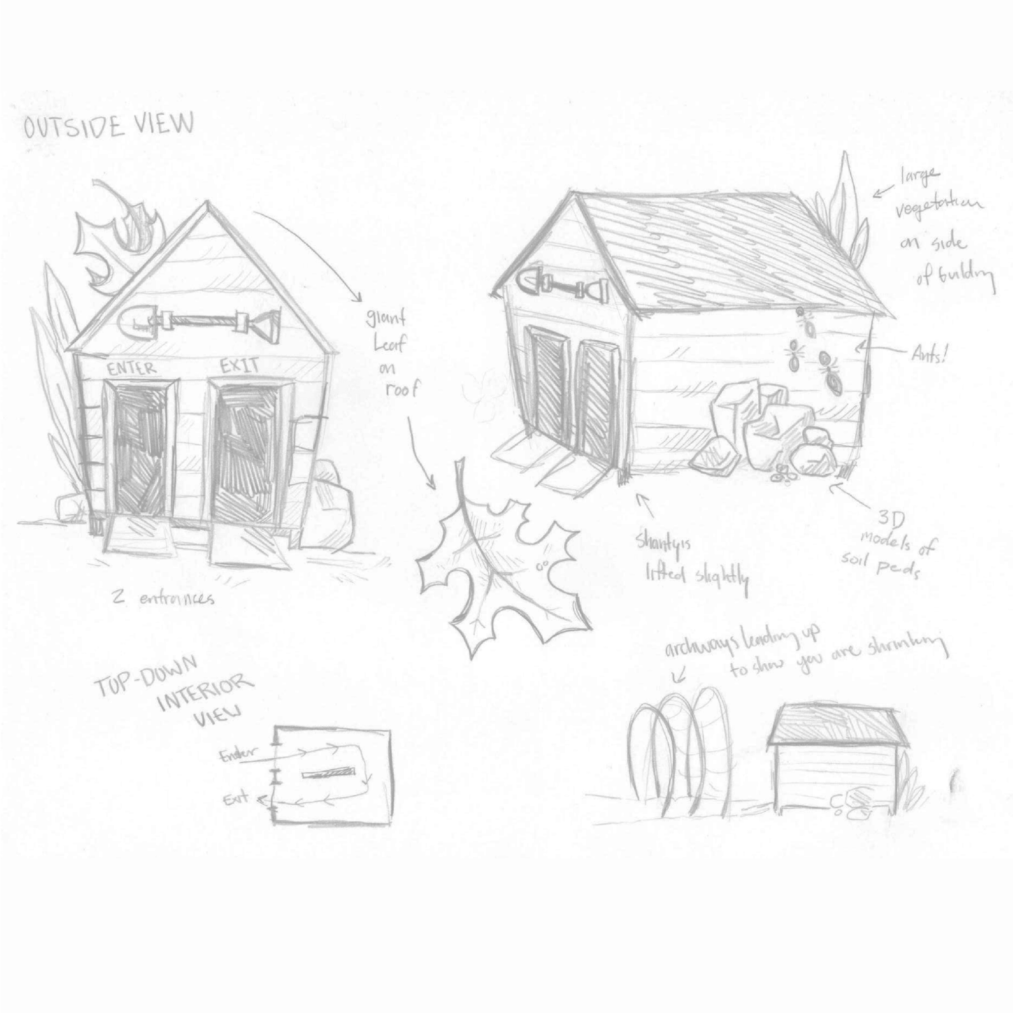 a pencil sketch of different views of a shanty that has a pitched roof and two doors