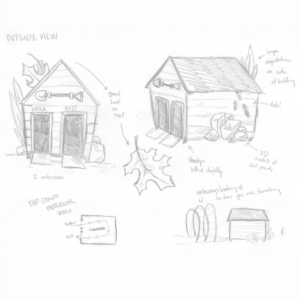 a pencil sketch of different views of a shanty that has a pitched roof and two doors