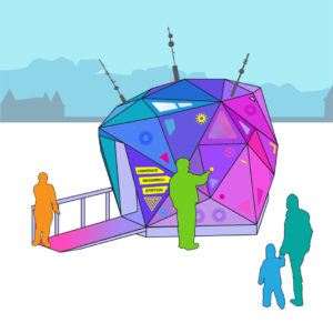 a digital rendering of a colorful shanty with triangular mosaic color panels