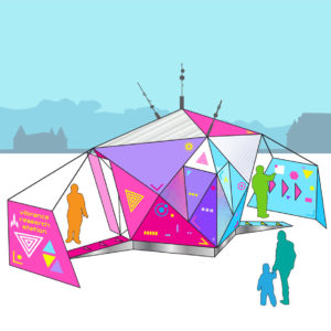 a rendering of a colorful shanty with triangular mosaic color panels for walls and roof
