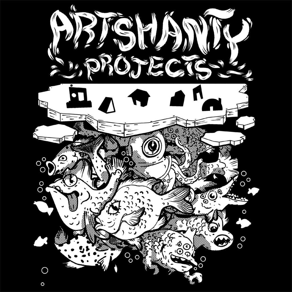 a black and white illustration of the shanty village floating on a sheet of ice with many lake creatures swimming below